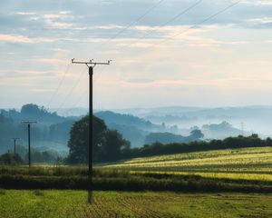 Preview wallpaper poles, wires, field, trees, nature