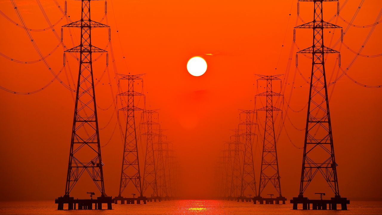 Wallpaper poles, wires, sunset, power lines, high-voltage lines