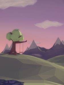 Preview wallpaper polygon, rendering, landscape, swing, mountains, tree