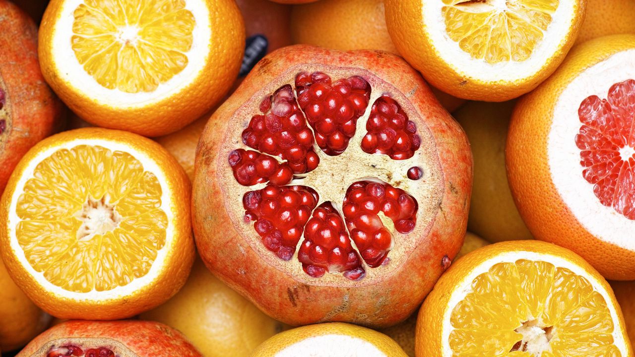 Wallpaper pomegranate, orange, grapefruit, fruit, citrus