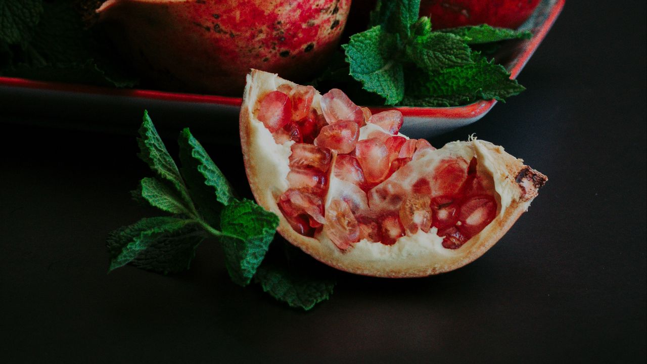 Wallpaper pomegranate, slice, fruit, still life, leaves
