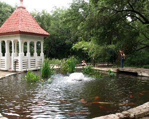 Preview wallpaper pond, arbor, fountain, fish, person