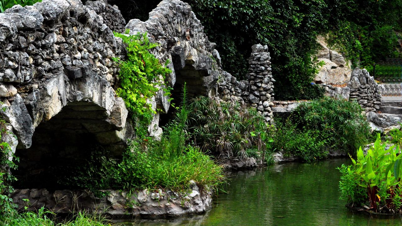 Wallpaper pond, bridge, vegetation, registration, stones