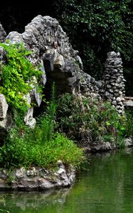 Preview wallpaper pond, bridge, vegetation, registration, stones
