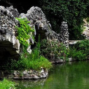 Preview wallpaper pond, bridge, vegetation, registration, stones