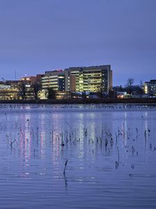 Preview wallpaper pond, buildings, lights, evening, dark