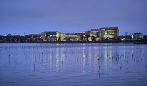 Preview wallpaper pond, buildings, lights, evening, dark