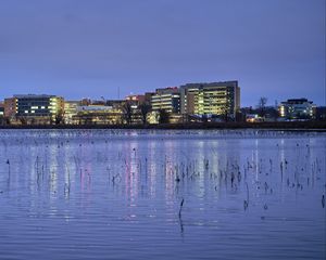 Preview wallpaper pond, buildings, lights, evening, dark