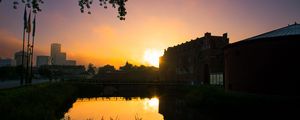 Preview wallpaper pond, buildings, silhouettes, sunset