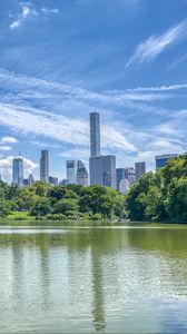 Preview wallpaper pond, buildings, trees, sky, nature, city