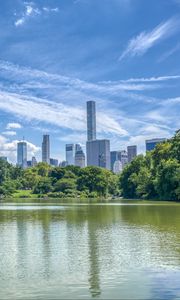 Preview wallpaper pond, buildings, trees, sky, nature, city