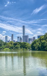 Preview wallpaper pond, buildings, trees, sky, nature, city