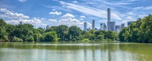 Preview wallpaper pond, buildings, trees, sky, nature, city