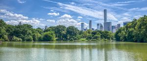 Preview wallpaper pond, buildings, trees, sky, nature, city