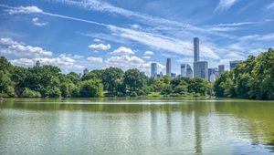 Preview wallpaper pond, buildings, trees, sky, nature, city