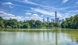 Preview wallpaper pond, buildings, trees, sky, nature, city