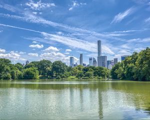 Preview wallpaper pond, buildings, trees, sky, nature, city