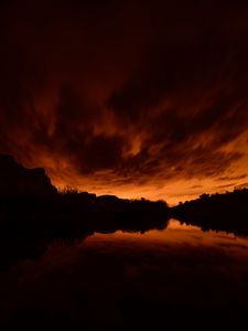 Preview wallpaper pond, bushes, trees, silhouettes, evening, dark