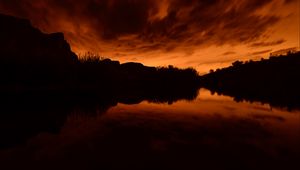 Preview wallpaper pond, bushes, trees, silhouettes, evening, dark