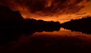 Preview wallpaper pond, bushes, trees, silhouettes, evening, dark