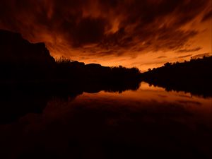 Preview wallpaper pond, bushes, trees, silhouettes, evening, dark