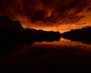 Preview wallpaper pond, bushes, trees, silhouettes, evening, dark