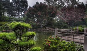 Preview wallpaper pond, garden, platform, vegetation, cloudy