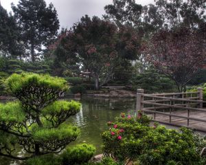 Preview wallpaper pond, garden, platform, vegetation, cloudy