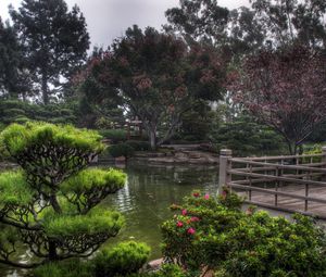 Preview wallpaper pond, garden, platform, vegetation, cloudy