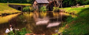Preview wallpaper pond, geese, lodges, mill, wheel, summer
