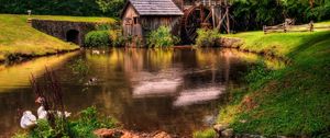 Preview wallpaper pond, geese, lodges, mill, wheel, summer