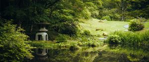 Preview wallpaper pond, grass, trees, stone, reflection