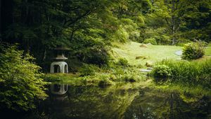 Preview wallpaper pond, grass, trees, stone, reflection