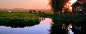 Preview wallpaper pond, house, sunset, ducks, village