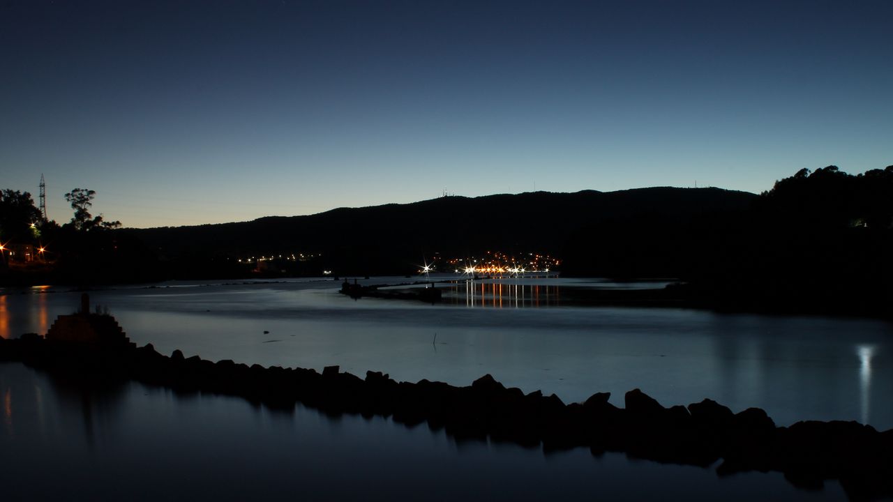 Wallpaper pond, lights, reflection, mountain, silhouette, dark