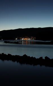 Preview wallpaper pond, lights, reflection, mountain, silhouette, dark