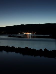 Preview wallpaper pond, lights, reflection, mountain, silhouette, dark