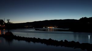 Preview wallpaper pond, lights, reflection, mountain, silhouette, dark