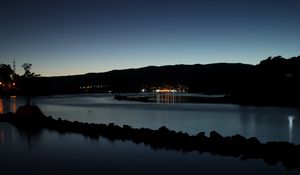 Preview wallpaper pond, lights, reflection, mountain, silhouette, dark