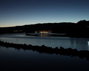 Preview wallpaper pond, lights, reflection, mountain, silhouette, dark