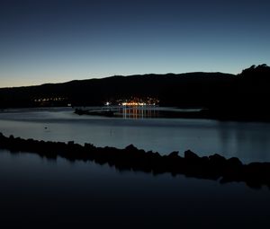 Preview wallpaper pond, lights, reflection, mountain, silhouette, dark