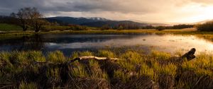 Preview wallpaper pond, meadow, grass, mountains, landscape