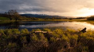 Preview wallpaper pond, meadow, grass, mountains, landscape