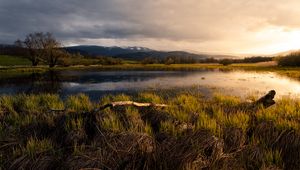 Preview wallpaper pond, meadow, grass, mountains, landscape