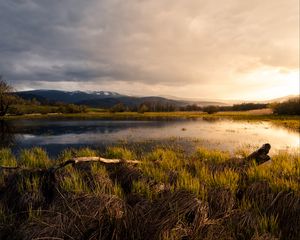 Preview wallpaper pond, meadow, grass, mountains, landscape