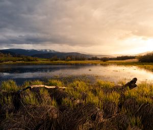 Preview wallpaper pond, meadow, grass, mountains, landscape