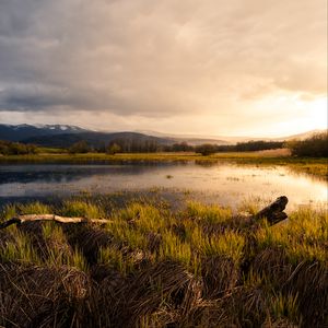 Preview wallpaper pond, meadow, grass, mountains, landscape