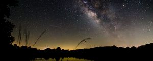 Preview wallpaper pond, night, milky way, trees