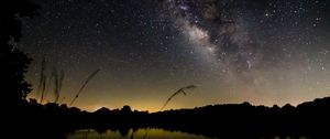 Preview wallpaper pond, night, milky way, trees