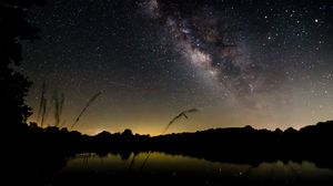 Preview wallpaper pond, night, milky way, trees